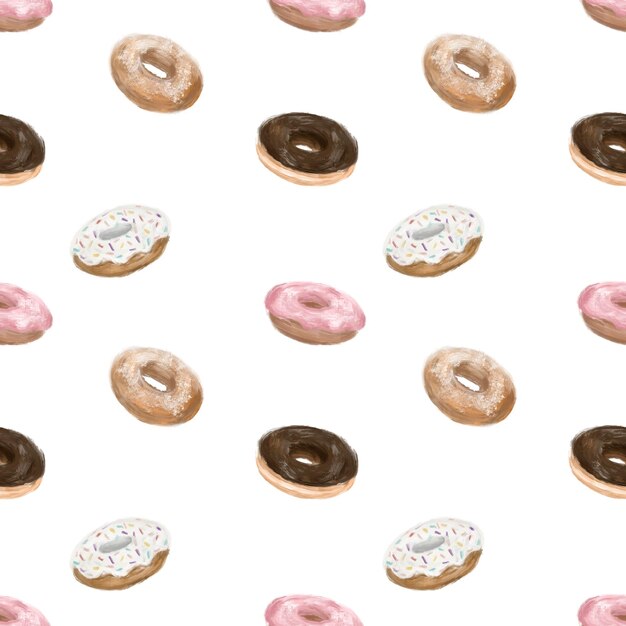 Fondo del modello della ciambella dello spuntino dolce dell'acquerello disegnato a mano senza cuciture sveglio