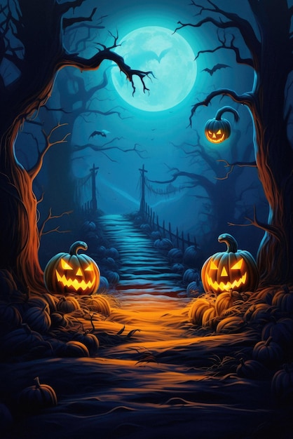 Fondo del paesaggio di orrore di scena notturna della luna spaventosa spettrale di Halloween felice