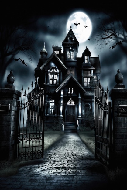 Fondo del paesaggio di orrore di scena notturna della luna spaventosa spettrale di Halloween felice
