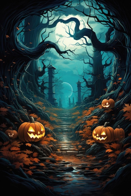 Fondo del paesaggio di orrore di scena notturna della luna spaventosa spettrale di Halloween felice