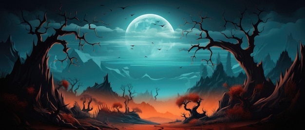 Fondo del paesaggio di orrore di scena notturna della luna spaventosa spettrale di Halloween felice