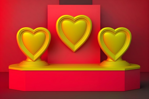Fondo del podio del cuore colorato al neon giallo e rosso
