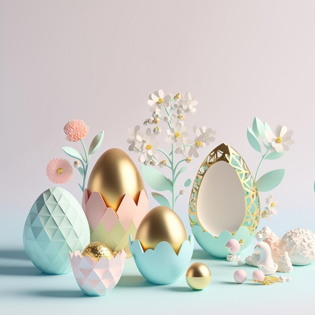 Fondo della carta di Pasqua con le uova di Pasqua 3D e fiore per la promozione