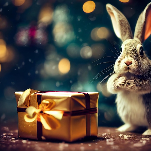 Fondo della cartolina d'auguri di buon natale con il rendering 3d dei contenitori di regalo e del coniglio