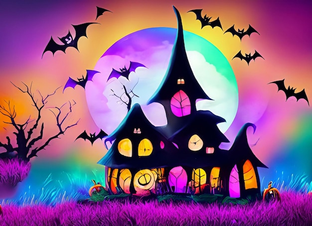 Fondo della casa della strega di Halloween con colorato