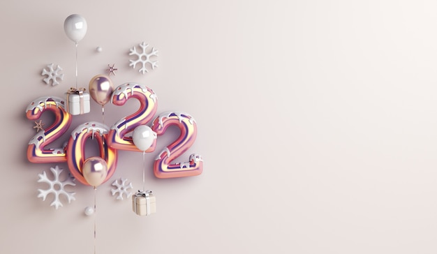 Fondo della decorazione del buon anno 2022 con i fiocchi di neve del contenitore di regalo del pallone