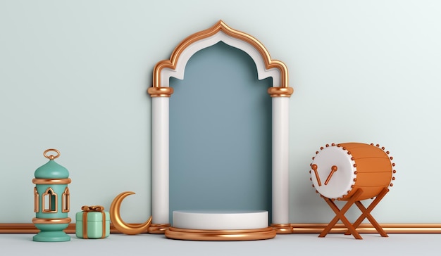 Fondo della decorazione del podio dell'esposizione islamica con il tamburo bedug a mezzaluna della lanterna della porta della finestra