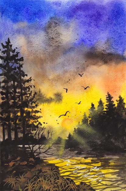 fondo della pittura dell'acquerello del paesaggio di tramonto
