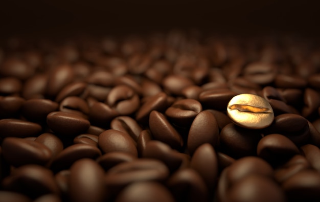 Fondo della rappresentazione dei chicchi di caffè arrostiti 3d. Masse di chicchi di caffè si chiudono. Fagiolo d'oro