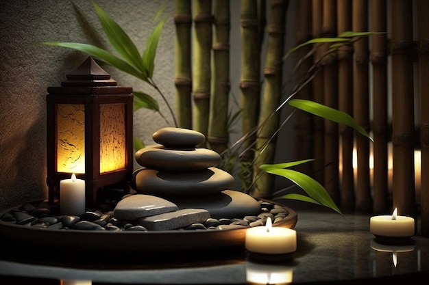 Fondo della stazione termale con l'illustrazione delle pietre di bambù e di zen