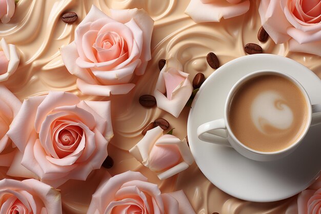 Fondo di caffè cremoso con petali di rosa