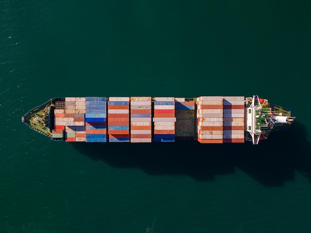 Fondo di concetto di spedizione o trasporto della nave portacontainer di vista aerea