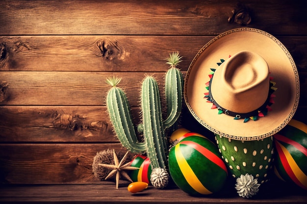 Fondo di festa di Cinco de Mayo con il cactus messicano e il cappello del sombrero sulla tavola di legno Ai generativo