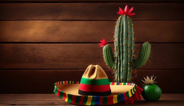 Fondo di festa di Cinco de Mayo con un cactus messicano e cappello del sombrero del partito su una tavola di legno