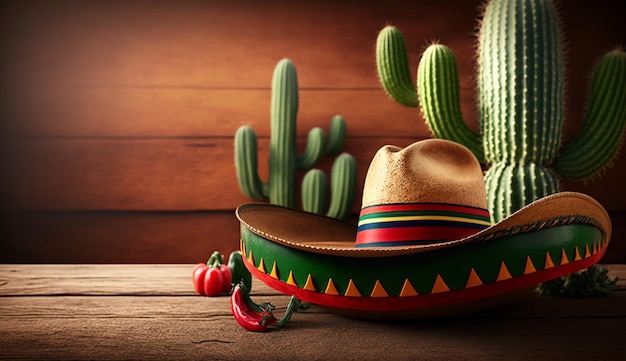 Fondo di festa di Cinco de Mayo con un cactus messicano e cappello del sombrero del partito su una tavola di legno