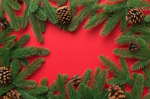 Fondo di festa di Natale con lo spazio della copia per testo pubblicitario. Rami di abete e pigna su sfondo colorato. Disposizione piatta, vista dall'alto