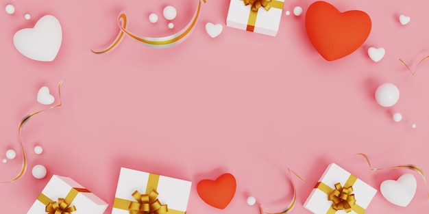 Fondo di giorno di biglietti di S. Valentino con il simbolo del cuore di amore e la rappresentazione 3d delle scatole regalo