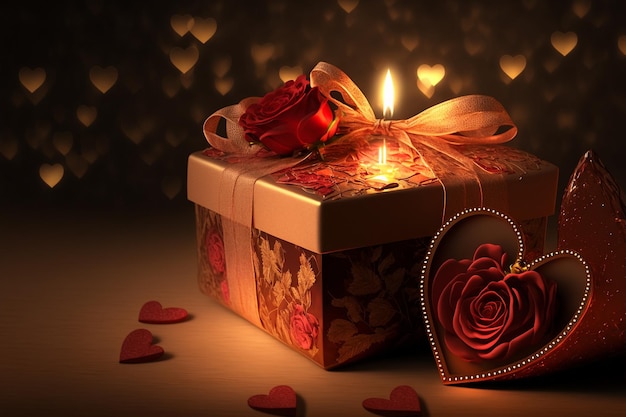 Fondo di giorno di biglietti di S. Valentino con la casella attuale delle rose rosse e le candele che emettono luce nell'oscurità