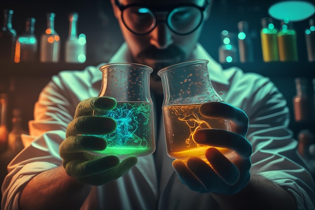 Fondo di laboratorio di ricerca e sviluppo scientifico con la mano dello scienziato che tiene pallone e vetreria da laboratorio Ai generativo