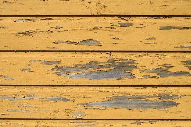 Fondo di legno giallo con pezzi pelati di vecchia vernice.