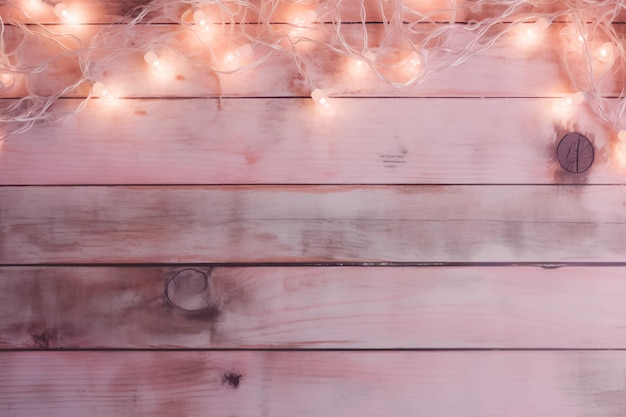 Fondo di legno rosa con le luci delle fate