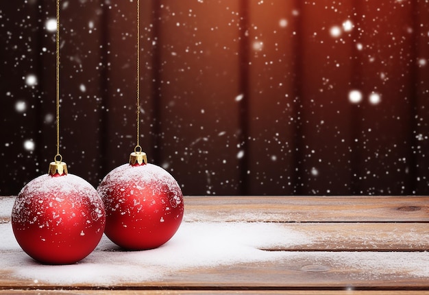 Fondo di legno rustico con le foglie e la neve dell'albero delle palle di Natale