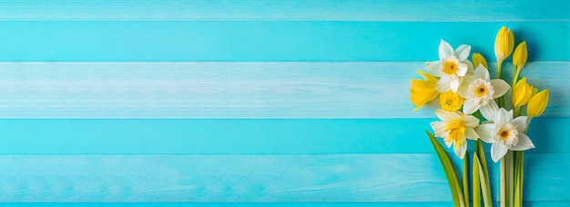 Fondo di pasqua della primavera con la vista superiore del mazzo dei narcisi sulla tavola di legno blu-chiaro con lo spazio della copia