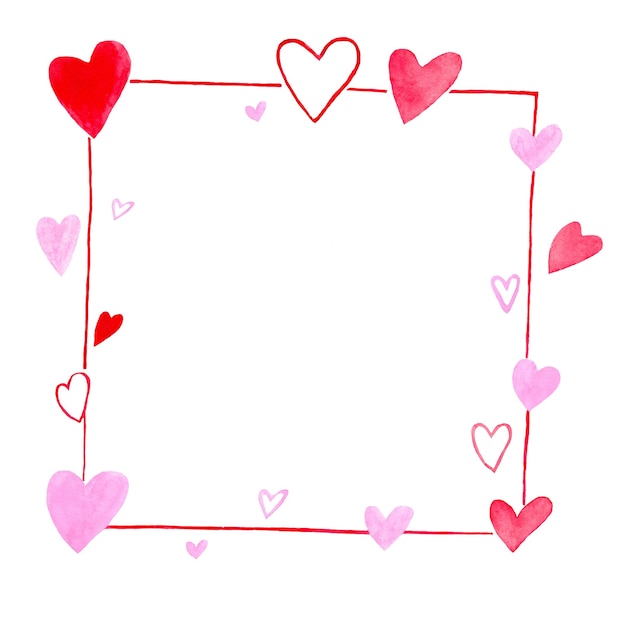 Fondo di San Valentino con lo spazio della copia per testo, insieme della pittura dell'acquerello del fondo strutturato di forma dei cuori rossi