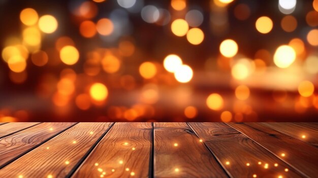 Fondo di tavolo in legno con luci Bokeh