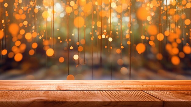 Fondo di tavolo in legno con luci Bokeh