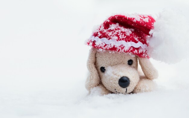 Fondo di vacanze invernali: piccolo cane di peluche in cappello di Babbo Natale su una neve. Avvicinamento