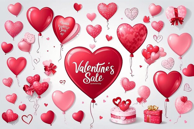 Fondo di vendita di San Valentino con il cuore dei palloncini e il modello stabilito dell'icona Illustrazione di vettore