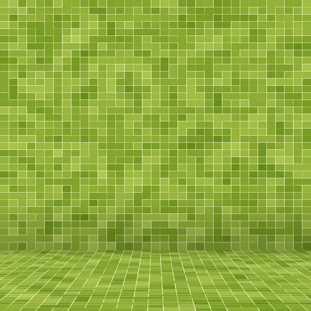 Fondo e struttura della parete del mosaico delle mattonelle del pixel quadrato verde intenso astratto.