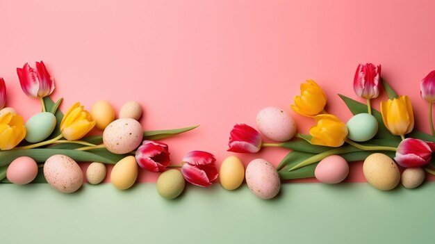 Fondo felice di festa di pasqua con i tulipani e le uova decorative in vari colori