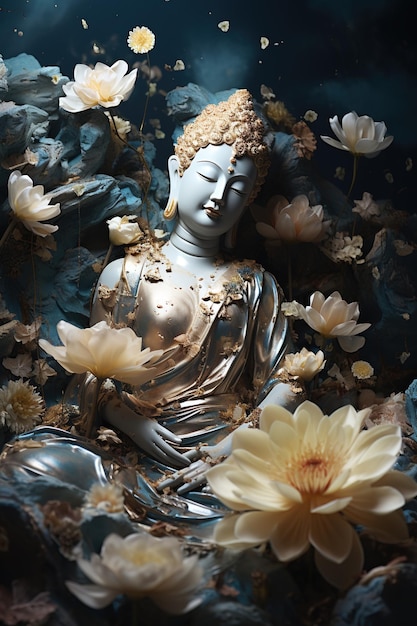 Fondo floreale di meditazione della statua di Buddha Purnima Buddha
