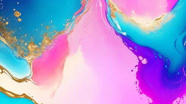 Fondo fluido astratto della pittura dell'inchiostro nei colori blu rosa con gli spruzzi dorati