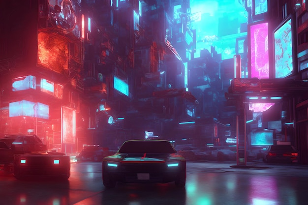 Fondo futuristico dell'illustrazione dell'automobile della via della città cyberpunk d'ardore al neon creato con la tecnologia generativa di intelligenza artificiale