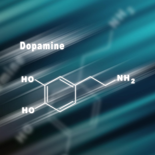 Fondo futuristico di formula chimica strutturale dell'ormone della dopamina