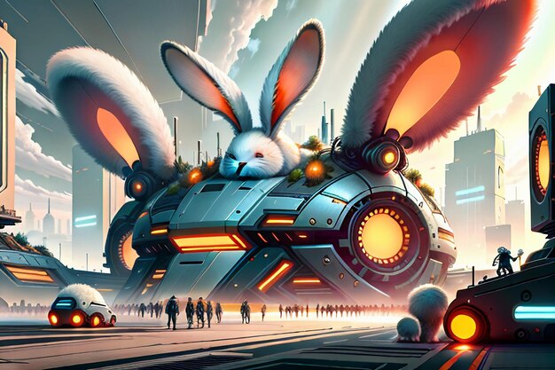 Fondo futuro della carta da parati di stile di concetto di sviluppo di tecnologia di base della città di fantascienza del coniglio