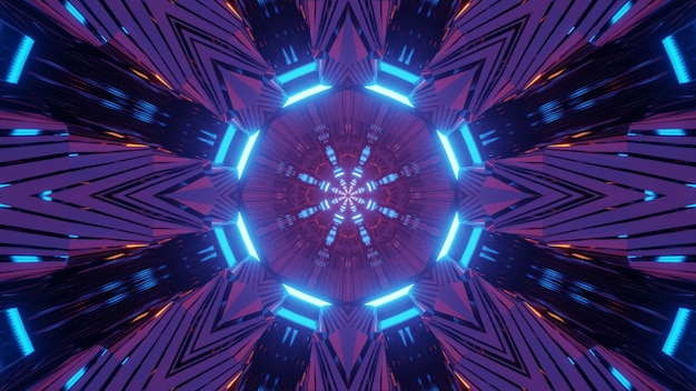 Fondo geometrico astratto con illuminazione al neon blu incandescente dell'illustrazione 3d con tunnel in movimento