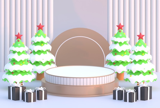 Fondo geometrico d'argento del podio di Natale con l'illustrazione 3D dell'albero di pino e della scatola regalo