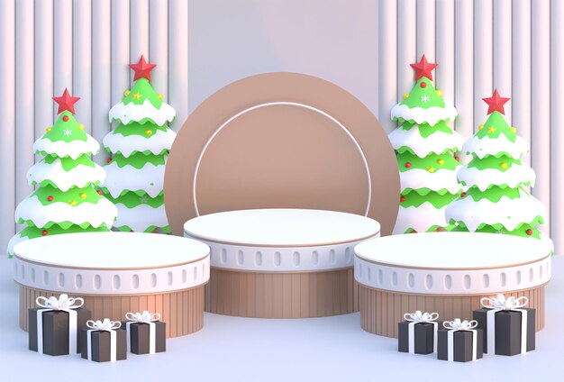 Fondo geometrico d'argento del podio di Natale con l'illustrazione 3D dell'albero di pino e della scatola regalo