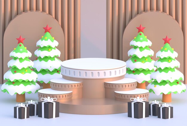 Fondo geometrico d'argento del podio di Natale con l'illustrazione 3D dell'albero di pino e della scatola regalo