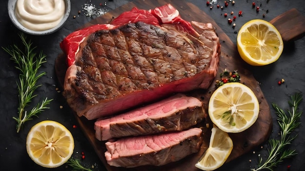 Fondo grigio in cemento piatto adagiato con taglio di bistecca di carne ribeye rossa mediamente rara su boa da taglio nero