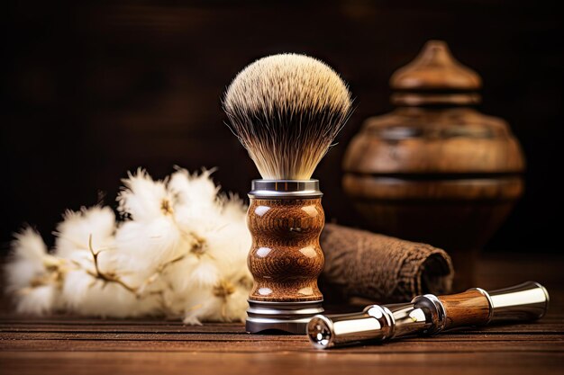 Fondo in legno di lusso con pennello da barba e sapone