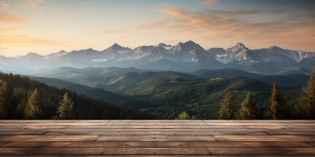 Fondo in legno per la pubblicità Immagine di montagne sullo sfondo IA generativa