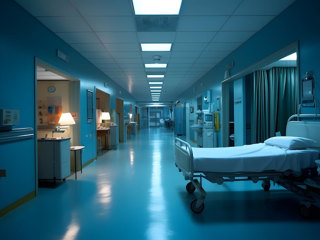 Fondo interno vuoto del corridoio moderno della clinica del corridoio dell'ospedale con le sedie per il letto del paziente