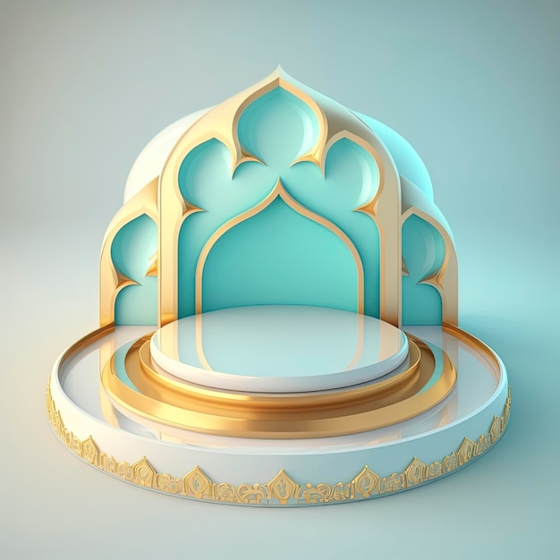 Fondo islamico del podio del ramadan della moschea realistica 3d futuristica e moderna con scena e palcoscenico per l'esposizione del prodotto