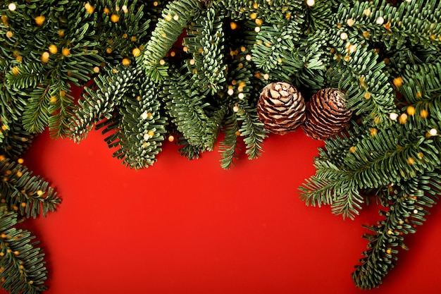 Fondo orizzontale rosso festivo con bordo dai rami e dai coni dell'albero di Natale