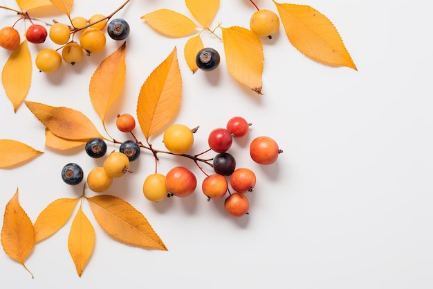 Fondo piatto autunnale su sfondo bianco di foglie e frutti autunnali